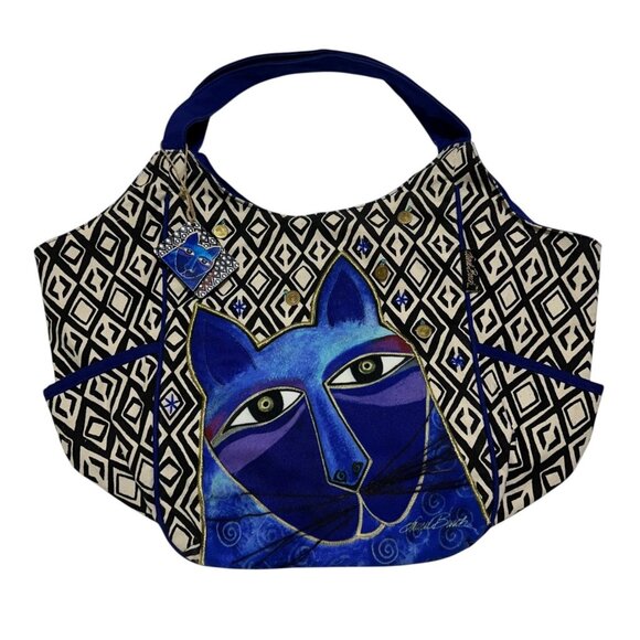 Laurel Burch Canvas Blue Cat Tote Bag Pockets Attached Charm‎ NWOT - Picture 1 of 10